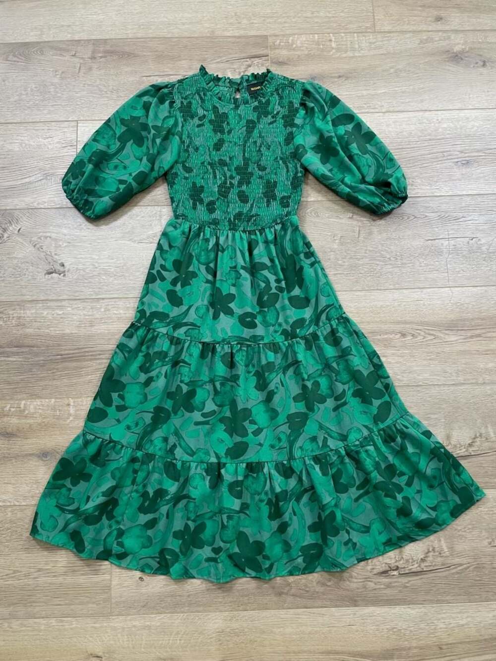 Sugarlips Emerald Green Floral Smocked Tiered Midi Dress Puff Sleeve Small - Picture 2 of 14
